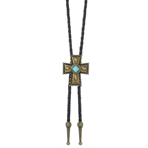 Vintage western bolo tie with bronze cross pendant and turquoise stone on black cord