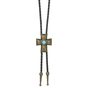 Close-up of vintage bronze cross bolo tie with turquoise stone and woven leather cord