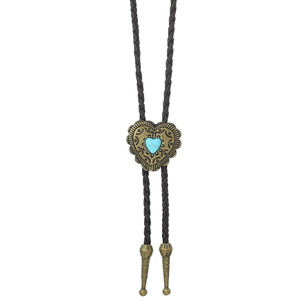 Detail of vintage heart-shaped bolo tie with turquoise stone and brown braided leather cord