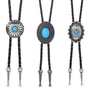 Western style bolo tie set with turquoise alloy pendants and black leather braided cord