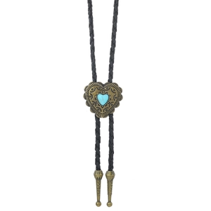 Detail of western bolo tie featuring heart-shaped blue turquoise and bronze metal tips