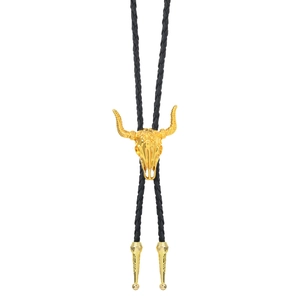 Western bolo tie featuring a golden bull skull pendant on a black braided cord