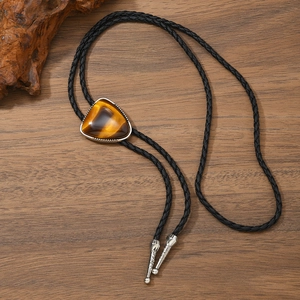 Vintage Western Bolo Tie mit Tigerauge-Herzanhänger und geflochtener Lederkordel Halskette