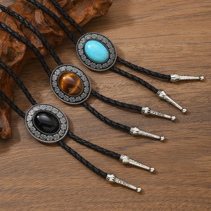 Vintage Celtic Bolo Tie Western Cowboy Necktie Turquoise Tiger Eye Stone Braided Artificial Leather Cord Pendant Necklace Men Jewelry Accessories