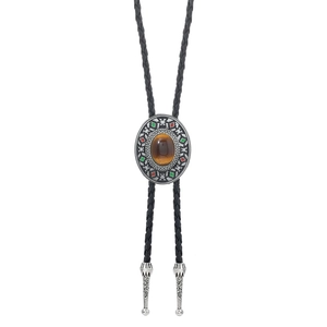 Bolo tie de style western avec corde en cuir tressé et pierre ambrée en argent