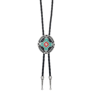 Bolo tie western en argent vintage avec motif tribal sur cordon en cuir tressé noir