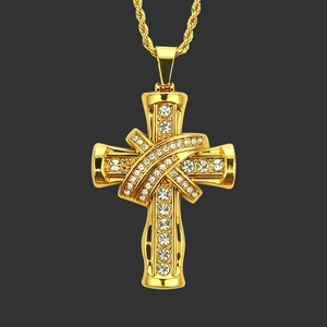 Collier Pendentif Croix en Alliage Strass Hiphop pour Hommes Chaîne Torsadée Plaquée Or Argent Bijoux de Mode Religieuse