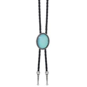 Vintage bolo tie with turquoise oval stone pendant and braided black leather neck rope