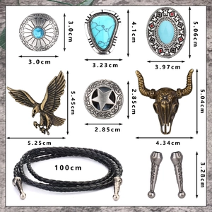 Vintage western bolo tie set with metal pendants and 100cm braided leather cord necklace