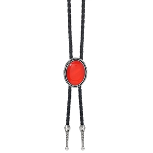 Close-up of vintage Western Bolo Tie featuring a red stone centerpiece and silver metal tips