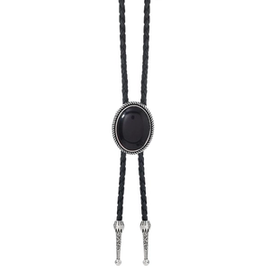 Macro detail of silver floral textured metal tips on a black braided bolo tie