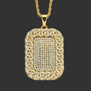 Hip Hop Mens Full Rhinestone Rectangular Pendant Necklace Gold Silver Plated Rope Chain Streetwear Jewelry