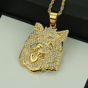 Collier hip hop plaqué or 14k avec pendentif chien à couronne et cristaux micro-pave