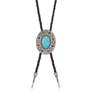Vintage Bolo Tie with turquoise pendant and engraved silver medallion on black cord