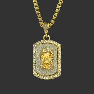Collier Pendentif Tête de Jésus Plaqué Or 18K Hip Hop pour Hommes Femmes Bijoux Religieux Rectangulaires en Strass