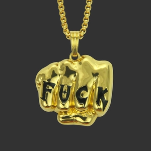 Collier Pendentif Poing Hip Hop Punk pour Homme Chaîne Boîte en Acier Inoxydable Alliage de Zinc Design Lettre FUCK Bijoux Streetwear