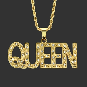 Collier Pendentif Lettre Queen Or Hip Hop Alliage de Zinc Strass Chaîne de Corde Bijoux de Mode Pour Hommes Femmes Accessoire