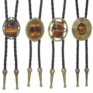 Vintage Western Bolo Ties mit Tigerauge Steinen und geflochtenen Lederseilen in vier Stilen