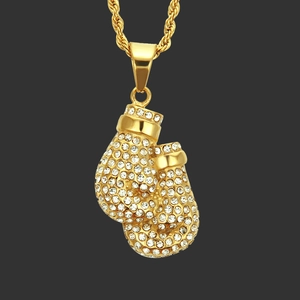 Hip Hop Iced Out Boxing Glove Pendant Necklace Alloy Rhinestone Inlaid Stainless Steel Rope Chain For Men Women Sporty Jewelry