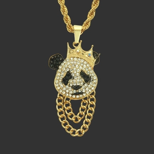 Collier Pendentif Panda Couronne Hip Hop en Alliage Incrusté de Strass Chaîne Corde pour Hommes Femmes DJ Clubbing Bijoux Mode