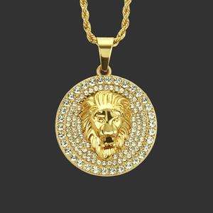 Hip Hop Lion Head Pendant Necklace Alloy Rhinestone Round Medallion Rope Chain For Men Vintage Street Jewelry Gold Silver Tone