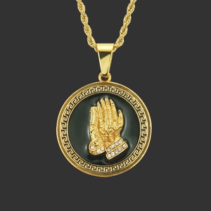 Hip Hop Betende Hände Rund Anhänger Halskette Legierung Strass Kordelkette Religiöser Schmuck Griechischer Mäander Emaille Halskette