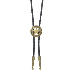 Detail der Vintage-Bolo-Krawatte mit Bronze-Sternrelief und schwarzer geflochtener Kordel