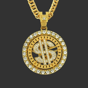 Collier Hip Hop pour Hommes Pendentif Signe Dollar Rotatif Alliage Incrusté de Strass Maille Cubaine Streetwear Bijoux de Mode