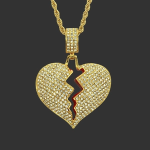 Collier avec Pendentif Coeur Brisé Hip Hop pour Hommes Alliage Acier Inoxydable Chaîne Corde Or Argent Strass Incrusté Bijoux Streetwear Cadeau