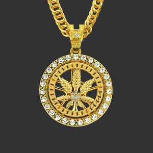 Collana Hip Hop in Lega con Strass Ciondolo Foglia Rotante Uomo Donna Oro Argento Pendente Rotondo Foglia Catena Cubana Gioielli