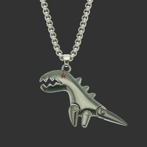 Detailed silver dinosaur pendant necklace with tiny red star eye and ring chain links