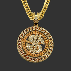 Hip Hop Iced Out Dollar Sign Pendant Necklace For Men Bling Rhinestone Alloy Round Cuban Link Chain Gold Silver Jewelry