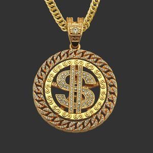 Hiphop Men Alloy Dollar Sign Pendant Necklace Gold Silver Plated Rhinestone Inlaid Cuban Link Chain Streetwear Jewelry