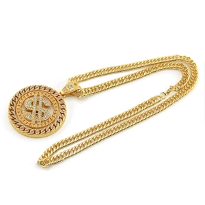 18K gold plated hip hop necklace with iced-out dollar sign pendant and Cuban chain