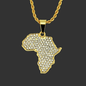 Hip Hop Iced Out Χάρτης της Αφρικής Μενταγιόν Κολιέ Κράμα Στρας Κοσμήματα για Άνδρες Γυναίκες Επιχρυσωμένη Ασημί Αλυσίδα