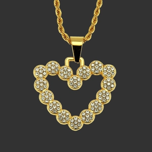 Hip Hop Men Gold Hollow Heart Pendant Necklace Alloy Iron Rope Chain Rhinestone Inlaid Fashion Jewelry Gift For Party