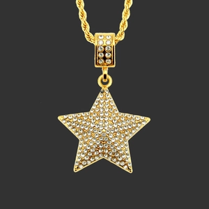 Hip Hop Iced Out Pentagram Star Pendant Necklace Gold Plated Alloy Iron Rope Chain For Men Cool Trendy Fashion Jewelry