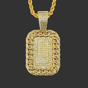 Hip Hop Gold Plated Rectangle Military Tag Pendant Necklace With Iced Out Rhinestone Alloy Twisted Rope Chain For Men Jewelry