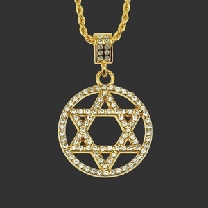 Iced Out Star Of David Hexagram Pendant Necklace Hip Hop Gold Plated Alloy Iron Rope Chain Rhinestone Religious Jewelry