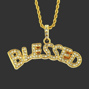Hip Hop Blessed Letter Pendant Necklace Alloy Rope Chain Iced Out Rhinestone Streetwear Jewelry For Men Gold Silver