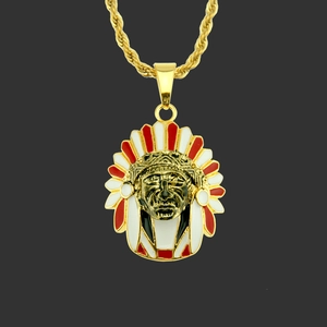 Collier Pendentif Chef Indien Hip Hop Pour Hommes Breloque Tête D'Amérindien En Alliage Émail Avec Chaîne Torsadée En Acier Inoxydable