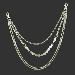 Three-layer silver metal wallet chain with skull charm and cuban links for biker jeans