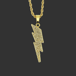 Collier avec Pendentif Éclair Hip Hop Alliage Incrusté de Strass Chaîne de Corde en Acier Inoxydable Bijoux de Streetwear