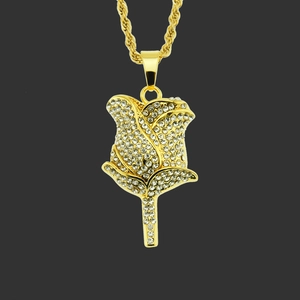 Collana con Pendente a Forma di Rosa Hip Hop Placcata in Oro Argento Catena a Corda in Acciaio Inox Lega Strass Gioielli