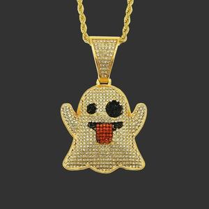 Collier Pendentif Emoji Fantôme Hip Hop Iced Out pour Hommes Femmes Or Argent Strass Bijoux en Alliage Chaîne Corde en Acier