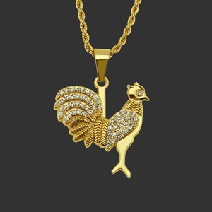 Hiphop Iced Out Hahn Anhänger Halskette Für Herren Vergoldet Legierung Eisen Seilkette Strass Tier Schmuck Geschenk
