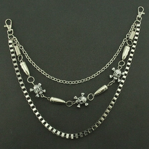 Three-layer silver metal pants chain with skull and bullet pendants in punk style