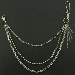 Detail of silver triple-layered metal pants chain with lobster clasp and S-hook tassels