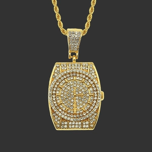 Collier Pendentif Hip Hop en Forme de Montre pour Hommes Or Argent Alliage Incrusté de Strass Chaîne Corde Bijoux