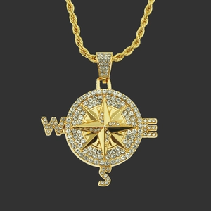 Collier Pendentif Boussole Hip Hop pour Hommes en Alliage et Strass Bijoux Boussole Personnalisés Accessoire de Chaîne Torsadée à la Mode